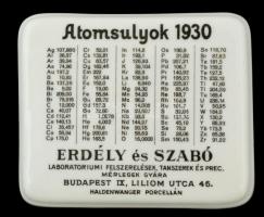1930 Erdély és Szabó Laboratóriumi Felszerelések, Tanszerek és Prec. Mérlegek Gyára, porcelán tábla, 10x12 cm.
