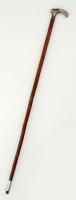 Ezüst (Ag.) fejű mogyorófa sétapálca, jelzett, gumitalp hiányzik, h:87 cm /  Wooden walking stick, with silver (Ag.) head, with hallmark, l: 87 cm