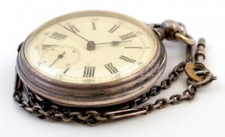 Angre ezüst (Ag.) másodpercmutatós zsebóra, vésett hátlappal, 15 köves, jelzett, ezüst óralánccal és...