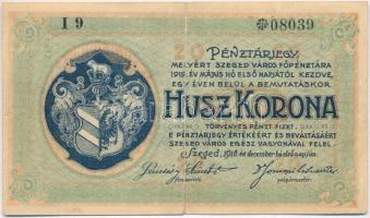 Szeged 1918. december 1. Városi Pénztárjegy 20K I 9-es sorozat T:III- szakadás