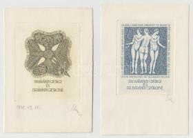 Nagy Árpád Dániel (1922-1985): 2 db alkalmi grafika Bárándy György ügyvéd részére, rézkarc, papír, jelzettek, különböző méretben