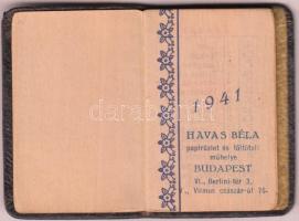 1941 bőrkötéses, mini tárca naptár, jó állapotban, néhány bejegyzéssel