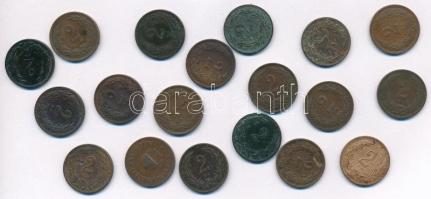 19db-os 2 filléres gyűjtemény, a korona pénzrendszer teljes sora az 1892 és 1900-as évjáratok nélkül: 1893-1899. 2f Cu (7xklf) + 1901-1910. 2f Cu (10x) + 1914-1915. 2f (2x) T:II-III Adamo K2
