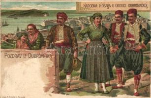 Dubrovnik, Ragusa; Narodna nosnja u okolici Dubrovackoi / general view, folklore, litho s: W. S.