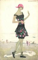 2 db Wiener művészlap Mela Koehlertől (B.K.W.I. 187-1 & WEAG Nr. 5) / Wiener art postcards, Lady on the beach B.K.W.I. 187-1 & Easter, lady and child with rabbit WEAG Nr. 5, s: Mela Koehler
