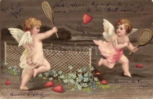 Angels playing tennis with a heart, embossed litho postcard (Rb)