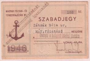 1946 Éves szabadjegy a budapesti átkelőhajóra.