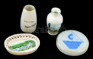 Balatoni emlék tárgyak: kerámia tálka, mini váza, tégely, m:5 cm (2×), 10×7 cm, d:9 cm, összesen: 4 db