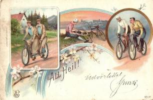 2 db RÉGI biciklis képeslap; 'All Heil!' biciklis Art Nouveau litho képeslap, karácsonyi ü...