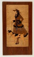 1919 Bíró Mihály (1886-1948): Kutyát sétáltató nő, intarziás kis fa falikép, 19x10.5 cm.
