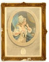 Saint-Aubin, Augustin de (1736-1807): Au moins soyez discret, enyhén erotikus színezett rézmetszet, papír, üvegezett díszes, sérült fa keretben, 35×26,5 cm
