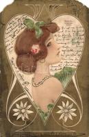 Lady, golden decorated, embossed, Art Nouveau floral litho art postcard s: Raphael Kirchner (EM)