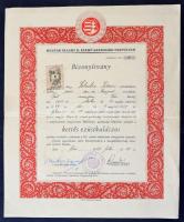 1948. Magyar Állami II. Számú Gazdasági Tanfolyam Bizonyítvány - Kettős ezüstkalászos jelvény viselésére bizonyítvány 1Ft-os illetékbélyeggel, pecséttel
