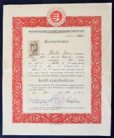 1948. "Magyar Állami II. Számú Gazdasági Tanfolyam Bizonyítvány - Kettős ezüstkalászos jelvény viselésére" bizonyítvány 1Ft-os illetékbélyeggel, pecséttel