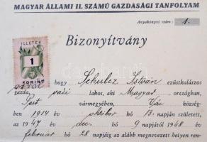 1948. "Magyar Állami II. Számú Gazdasági Tanfolyam Bizonyítvány - Kettős ezüstkalászos jelvény ...