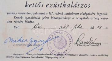 1948. "Magyar Állami II. Számú Gazdasági Tanfolyam Bizonyítvány - Kettős ezüstkalászos jelvény ...