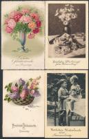 Kb. 100 db RÉGI virágos névnapi üdvözlőlap, több litho lap, vegyes minőség / Cca. 100 pre-1945 Name Day greeting cards, some litho, mixed quality