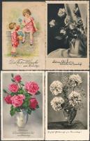 Kb. 100 db RÉGI virágos névnapi üdvözlőlap, pár lithoval, vegyes minőség / Cca. 100 pre-1945 Name Da...