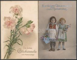 Kb. 140 db RÉGI virágos névnapi üdvözlőlap, pár lithoval, vegyes minőség / Cca. 140 pre-1945 Name Da...