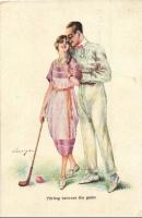Flirting between the game Couple playing golf, art postcard, s: Linger (EK)