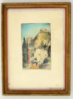 Bajor Ágost (1892-1958): Il castello, színezett rézkarc, papír, üvegezett fa keretben, 22,5×16 cm