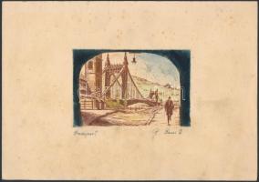 Bauer jelzéssel: Budapesti látképek, 3 db, színezett rézkarc, papír, jelzettek, 7,5×11 cm