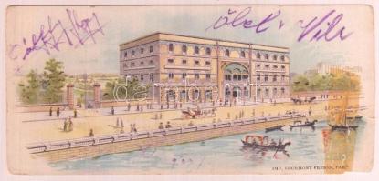 Grand Hotel International szálloda ajánló kártya, színes lithográfia, postán elküldve, rajta tintával írás, a sarkán sérülés, 6x14 cm.