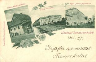 Rimaszombat, Rimavská Sobota; Tompa Mihály szülőháza, Királyi törvényszék, főgimnázium, kiadja Lévai Izsó / Tompa's birthhouse, court, school, floral (EK)