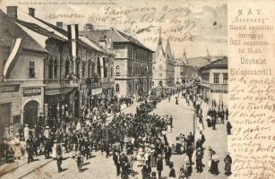 1903 Kolozsvár, Cluj; MÁV Összhang zászlószentelési ünnepélye, Fogászati műterem, Farkas Ignác és Jankovitz Géza üzletei / Ceremony of Hungarian State Railways, dental studio, shops (EK)