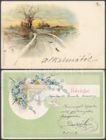 8 db RÉGI egy kivételével század előtti litho üdvözlőlap, vegyes minőség / 8 old pre-1900 (with one exception) litho greeting cards, mixed quality