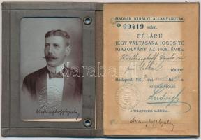 1908-1909 MÁV felárú jegy váltására jogosító igazolvány, pénzügyi titkár részére, fényképpel, igénye...