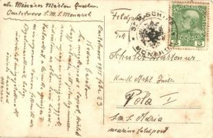 1915 SMS Monarch partvédő páncélosának matrózai gépfegyverrel a fedélzeten, Castelnuovo előtt / K.u....