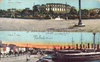 Pola, Pula; arena, man with bicycle, port, shore, steamships (fa)