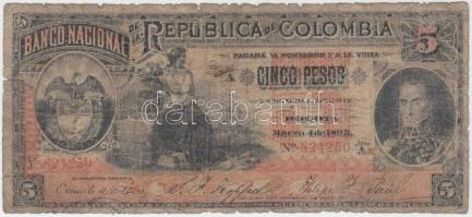 Kolumbia 1895. 5P T:IV ragasztott, ly. Colombia 1895. 5 Pesos C:G sticked, hole Krause 235.