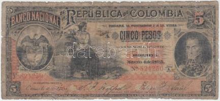 Kolumbia 1895. 5P T:IV ragasztott, ly. Colombia 1895. 5 Pesos C:G sticked, hole Krause 235.