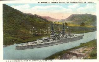 Amerikai hadihajók a Panama-csatornánál; USS Mississippi, USS Rhode Island - 2 db képeslap / US Navy battleships at the Panama Canal - 2 postcards