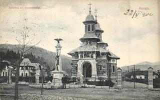 1907 Azuga, Biserica cu monumentul / church and monument, street view (Rb)