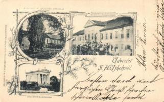 1899 Sátoraljaújhely, Vármegyeház, Kazinczy Mauzóleum, Rákóczi szülőháza Borsiban, floral; kiadja Lőwy Adolf