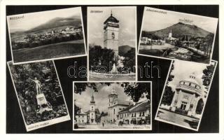 Rozsnyó, Roznava; látkép, őrtorony, Krasznahorka vára, Kossuth szobor, Rákóczi tér, mauzóleum / general view, watchtower, castle, statue, square, mausoleum