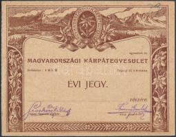 cca 1910 Magyarországi Kárpátegyesület évi jegye, kitöltetlen, Fischer Miklós (1855-1930-) alelnök, Thirring Gyula (1881-?) pénztáros bélyegzett aláírásaival. / cca 1910 Annual ticket of Hungarian Carpatian Society, with stamped signatures of Miklós Fisher (1855-1930) vice-president, and Gyula Thirring (1881-?) cashier.