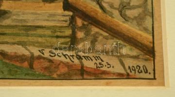 Schramm Viktor (1865-1929): Freudenthali tájkép.Akvarell, papír, jelzett, üvegezett keretben, 18×23 ...