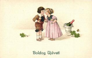 'Boldog Új Évet!' / New Year, children, champagne, four-leaf clover