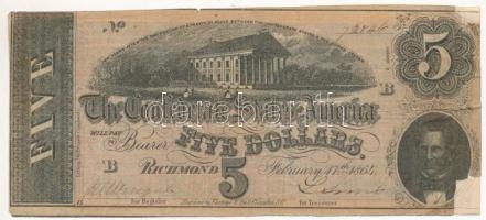 Amerikai Konföderációs Államok / Richmond / Virginia 1864. 5$ replika T:III- ragasztott, javított The Confederate States of America / Richmond / Virginia 1864. 5 Dollars replica C:VG sticked, fixed