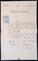 1895 Esztergom vármegye alispánja által kiállított nemesi bizonyítvány Palkovics Károly (1816-1897) Esztergom polgármestere, országgyűlési képviselő részére, főjegyzői aláírással, pecséttel, okmánybélyeggel