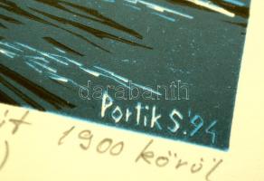 Portik Sándor (1959-): Gyergyószentmiklósi Fogarassy-út 1900 körül. Színes linó, papír, jelzett, üve...