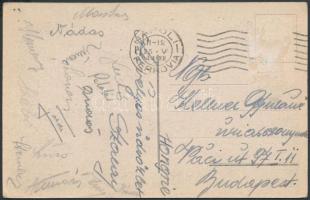 1934 A magyar futballválogatott tagjainak (Szalay, Markos, Toldi, stb.) aláírásai az olaszországi VB-ről küldött leveleőzlapon /  1934 Signatures of the members of the Hungarian national football team on postcard, sent from the World Cup held in Italy