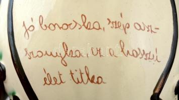 Karcagi Miska kancsó, kézzel festett kerámia, jelzett, minimális lepattanással, m: 27 cm