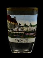 Emlék kis váza Kolozsvár Mátyás király tér felirattal és részben kézzel festett képével, kopott, m:9,5 cm
