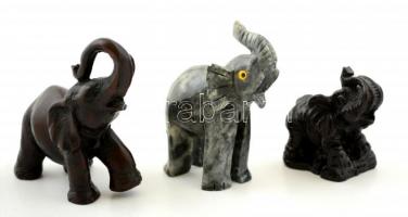 3 db elefánt figura zsírkőből és ásványból, m: 5, 7 és 7,5 cm