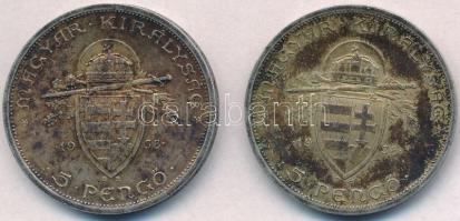 1938. 5P Ag "Szent István" (2x) T:2,2- erős patina
Adamo P8.1